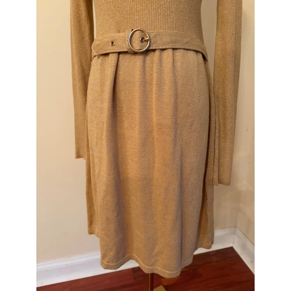 Free People French Girl Gold Lurex Ribbed Knit Mock Neck Belted Dress Medium - Picture 6 of 8